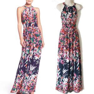 Eliza J Chiffon Halter Maxi Dress 10 Navy Floral
